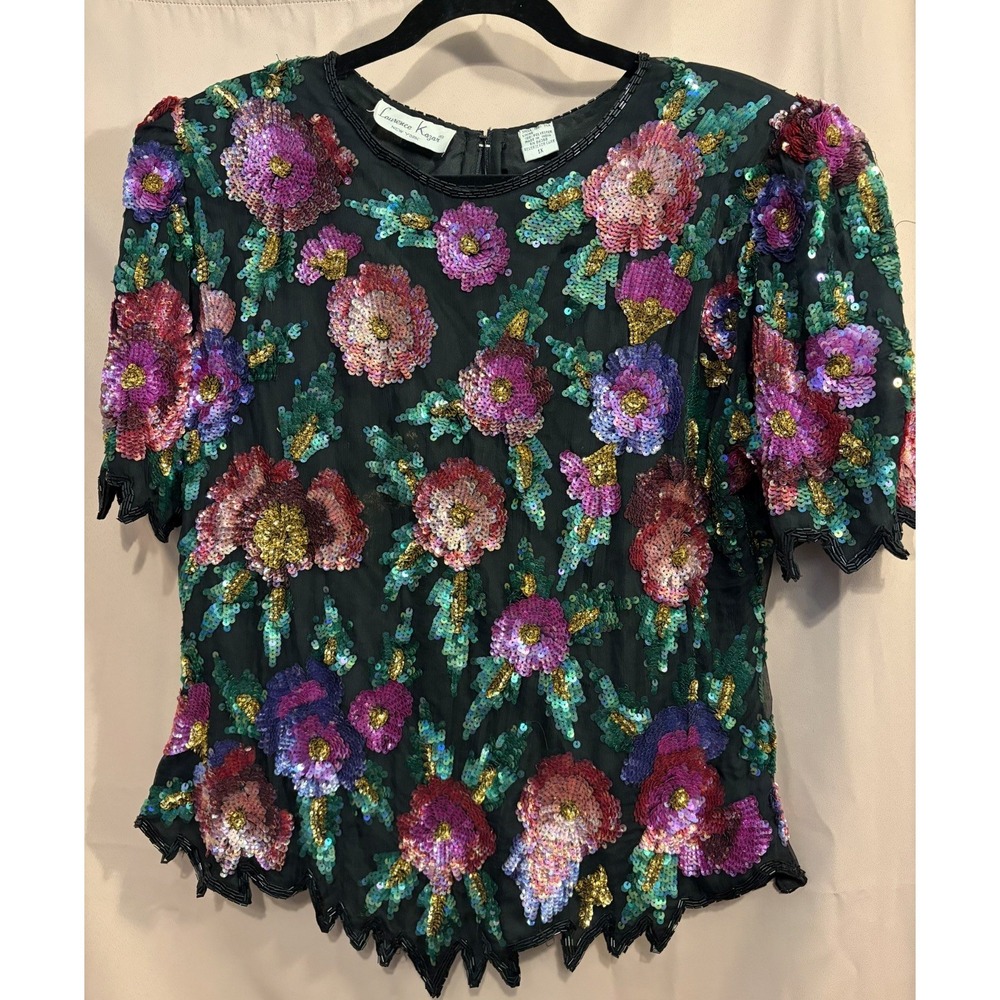 Vintage Laurence Kazar New York Beaded Sequin Silk Blouse 1X Cocktail